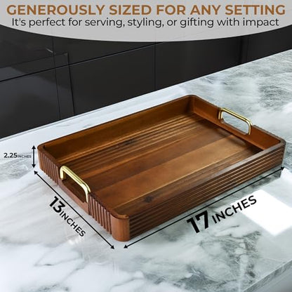 Acacia Wood Serving Tray with Metal Handle, 17x13in Tray for Ottoman - color: Dark Acacia / Gold Handle, size: 17” × 13” × 2”