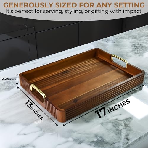 Acacia Wood Serving Tray with Metal Handle, 17x13in Tray for Ottoman - color: Dark Acacia / Gold Handle, size: 17” × 13” × 2”