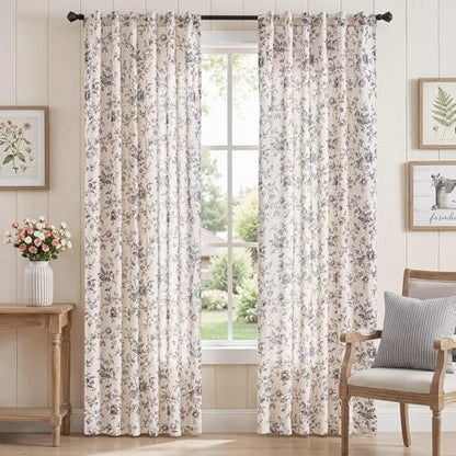 jinchan Linen Curtains 84 inch Black Floral Farmhouse Rod Pocket 2 Panels - color: Amlie Black, size: 50"W x 84"L (Pack of 2)