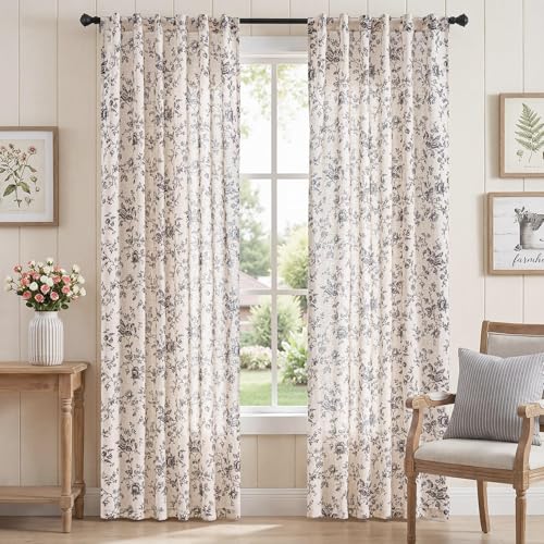 jinchan Linen Curtains 84 inch Black Floral Farmhouse Rod Pocket 2 Panels - color: Amlie Black, size: 50"W x 84"L (Pack of 2)