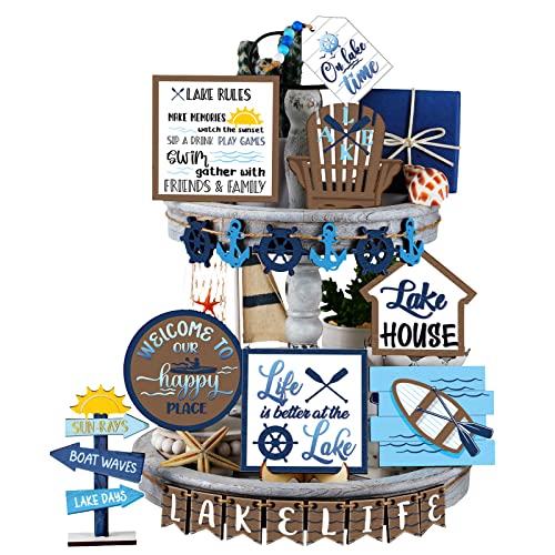 Bucherry 22 Pieces Summer Tiered Tray Decor Sets Farmhouse Lake Wood Sign