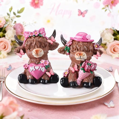 Karenhi 2 Pcs Highland Cow Figurines Resin, Mothers Day Decor Tabletop - style: Mother's Day