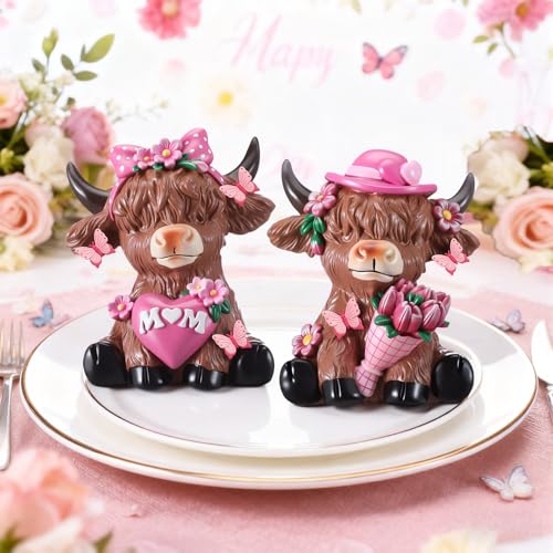Karenhi 2 Pcs Highland Cow Figurines Resin, Mothers Day Decor Tabletop - style: Mother's Day