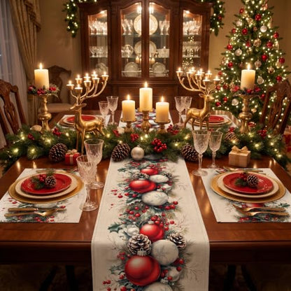 Christmas Table Runner 13 x 72 Inch, Holiday Table Decor with Christmas Ball & Pinecone Design - color: Christmas-001