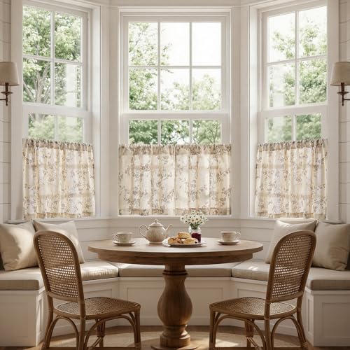 jinchan Floral Linen Kitchen Tier Curtains, 20 Inch, 2 Panels, Taupe - color: Alisa Taupe, size: 26"W x 20"L (Pack of 2)