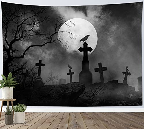 HVEST Halloween Tapestry Full Moon Black Crow Tombstone Dead Tree Tapestry for Bedroom, Scary Grey Cemetery Forest Wall Decor Blanket Home Holiday Living Room Decorations, 60W X 40H Inches - color: Black, size: 40"L x 60"W