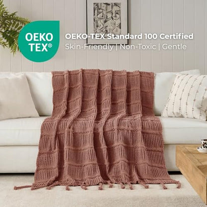 Boho Knitted Chenille Blanket with Tassels - Lightweight & Soft All-Season Throw - 3D Classic Pattern for Living Room Bedroom Couch, Clay Brown, King 90"x108" - color: Clay Brown, size: King