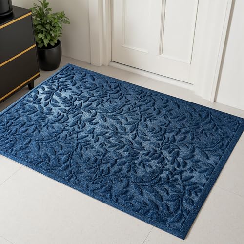 Blue Leaves Outdoor Indoor Entrance Door mat, Absorbent Durable Heavy Duty Welcome Front Door Mat,Thick Natural Rubber Back,Easy Clean Entryway Mat 47x32 Inch, Low Profile - color: Leaves-blue, size: 2'8" x 3'11" (Rectangular)
