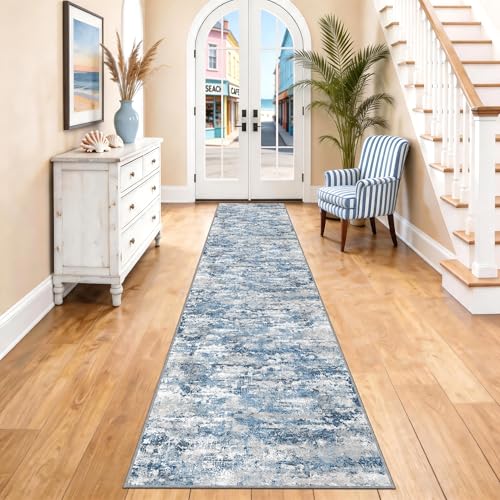 Long Hallway Runner Rug 2.6x14 ft Textured Non Slip for Dogs, Ocean Blue - color: Abstract- Ocean Blue, size: 2'7" x 14' (Runner)