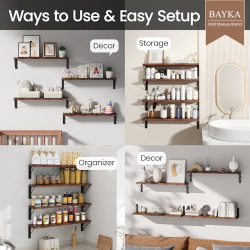 BAYKA 22.4 Inch Long Wall Mounted Floating Shelves (Rustic Brown, Set of 4) - color: C. Rustic Brown Board & Black Brackets, size: 22.4 inches Uniform