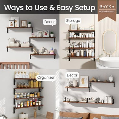 BAYKA 22.4 Inch Long Wall Mounted Floating Shelves (Rustic Brown, Set of 4) - color: C. Rustic Brown Board & Black Brackets, size: 22.4 inches Uniform