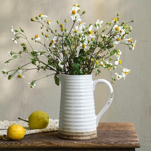 Quoowiit Ceramic Rustic Vase with Handle, White Distressed Decorative Farmhouse Pitcher Vase for Home Decor Living Room Bedroom Kitchen Office Shelf Decor Centerpiece Table Decoration - color: 7 Inch White Pitcher