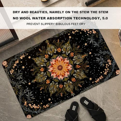 Bath Mat-Bathroom Rug，Mandala Flowers Green Vines Non Slip Quick Dry Stain Resistant Easy to Clean Care Shower Rug for Bathtub Shower Room 16×24Inch (40 * 60cm) - color: Mandala Flowers Green Vines, size: 16 x 24 inches