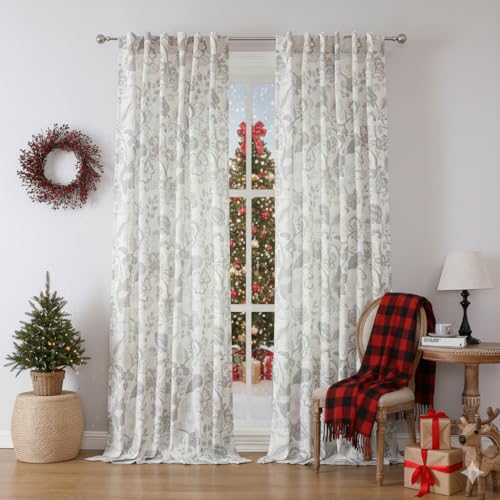 Kayne Studio Grey Floral Botanical Rod Pocket Semi Sheer Curtains 95 Inches - color: Linen Grey, size: 52"W x 95"L (Pack of 2)