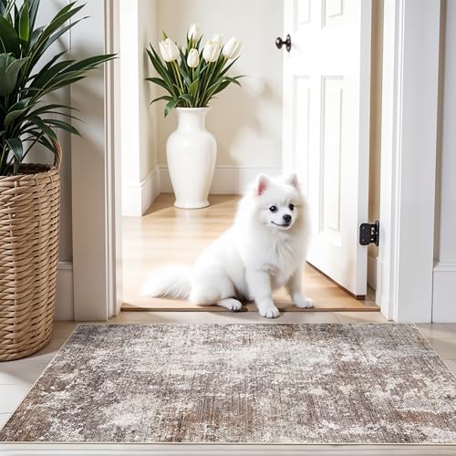 2x4 Washable Non-Slip Runner Rug – Small Throw Rug for Kitchen Floor, Bedroom, Entryway, Bathroom, Bedside – Modern Abstract Neutral Low-Pile Thin Indoor Door Mat (Brown Beige,2x4) - color: Brown Beige, size: 2' x 4' (Rectangular)