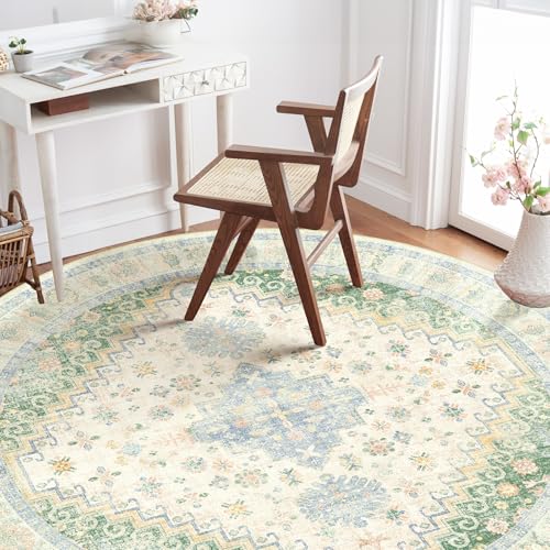 MUJOO Round Rugs 5ft Circle Area Rug Washable Boho Low Pile Green and Blue - color: Green and Blue, size: 5' (Round)