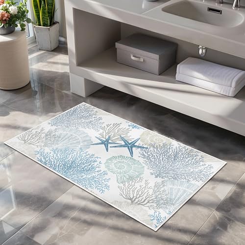 Coastal Bathroom Mat 20x32in Blue Seashel Beach Ocean Soft Thin Bathroom Rugs Fit Under Door Absorbent Non Slip Washable Bath Rugs for Bathtub Shower Sink (Blue, 20x32in) - color: Blue