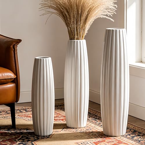 White Tall Ceramic Floor Vase, 24 Inch, Ribbed Drum Design - color: Vertical Stripes, size: Height-24 Inch