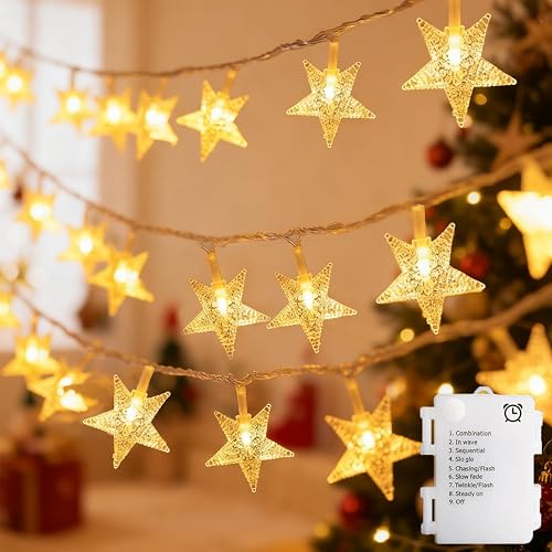 echosari 158IN Star String Lights Battery Operated Auto Timer Warm White - color: Warm White, size: Star