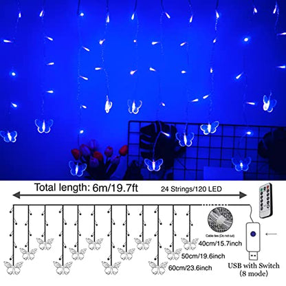 Butterfly Curtain Fairy Lights USB Plug in,8 Modes 120 LED 19.7FT Firefly Twinkle Timer String Lights with Remote, Waterproof Copper Wire for Bedroom Patio Christmas Wedding Party Dorm (Blue) - color: Blue