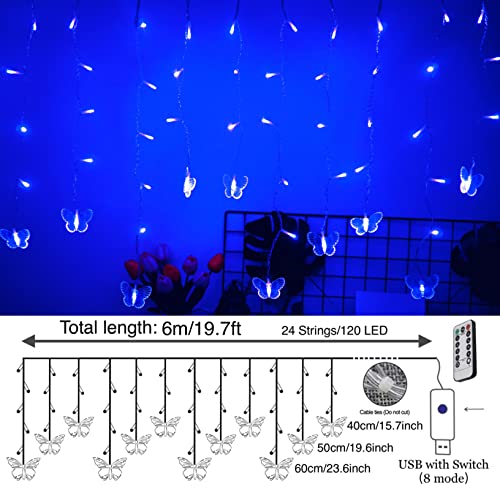 Butterfly Curtain Fairy Lights USB Plug in,8 Modes 120 LED 19.7FT Firefly Twinkle Timer String Lights with Remote, Waterproof Copper Wire for Bedroom Patio Christmas Wedding Party Dorm (Blue) - color: Blue