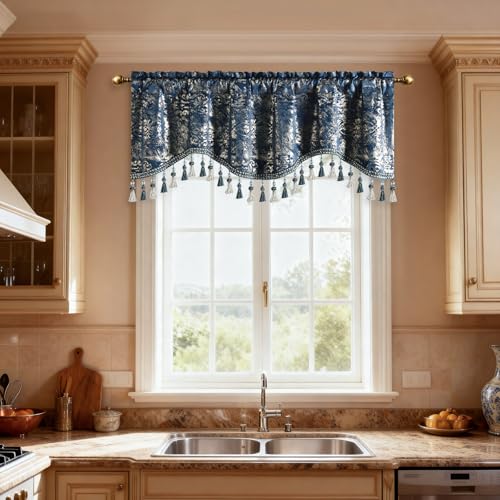 Leeva Navy Velvet Window Valance 52 x 18, 1 Panel, Floral Foil Print - color: Navy