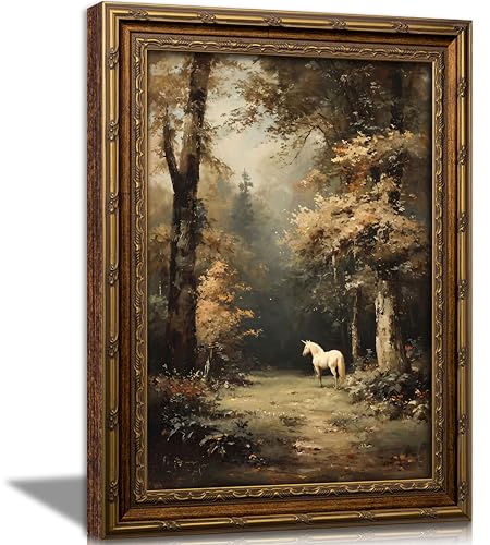 Vintage Gold Framed Horse Wall Art, Magical Forest Landscape Oil Painting Canvas Print, Moody Animal Wall Decor, Fantasy Woodland Picture Poster, Rustic Farmhouse Artwork for Bedroom Living Room - color: Horse, size: 16''Lx12''W