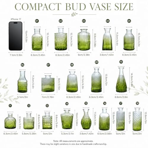 Petal Petite Small Green Glass Bud Vase Set of 18 for Wedding Centerpieces - color: Green