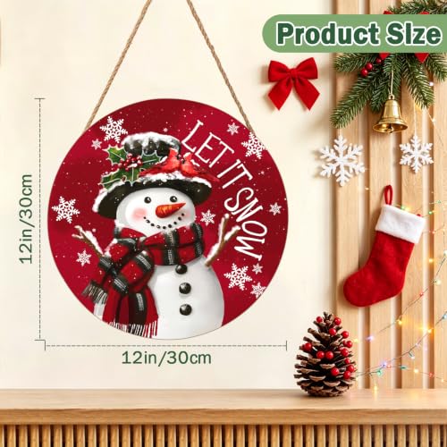 Christmas Snowman Front Door Sign Snowflake Wood Door Hanger for Outdoor Outside Porch Winter Cardinal Birds Decoration Welcome Sign Farmhouse Round Wall Hanging Xmas Wreath Decor for Home 12"x12" - color: Christmas Snowman-Let it Snow