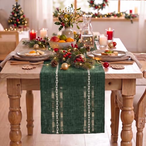 Artoid Mode Green Embroidered Blend Farmhouse Hollow Table Runner, Seasonal Christmas Rustic Kitchen Dining Table Decoration for Home Party Decor 13x60 Inch - color: Green, size: 13" x 60", Table Runner