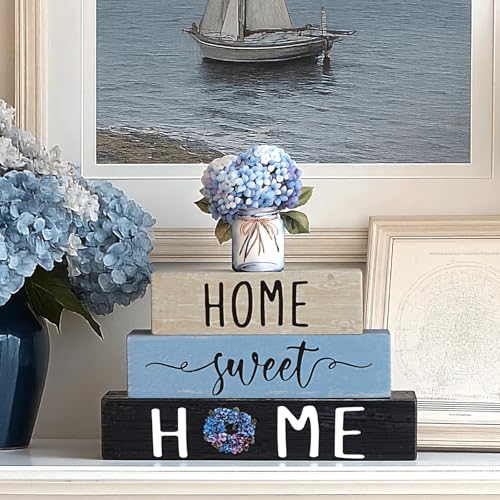 Cinnvoice 4 Pcs Farmhouse Wooden Tabletop Decor Blue Hydrangea Tiered Tray - style: Blue Hydrangea