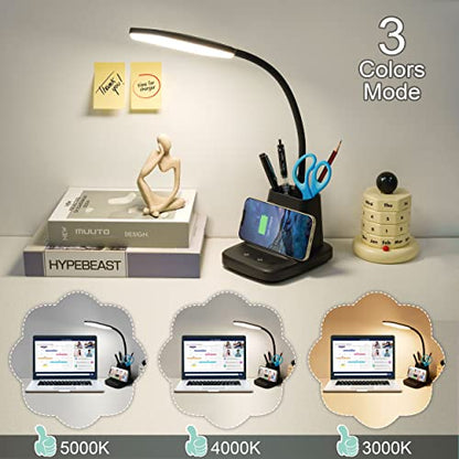 LED Desk Lamp with 10W Wireless Charging & Pen Holder, Black - color: Black