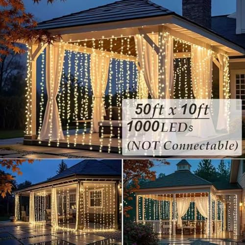 Solhice LED Curtain Lights Outdoor 50ft x10ft, 1000 LED Plug in Hanging String Lights Indoor Bedroom, Twinkle Light Backdrop for Outside Wedding Decor, Warm White (Not Connectable) - color: Warm White, size: 50ft x 10ft