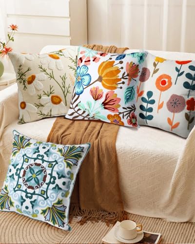 Embroidered Throw Pillow Cover, 18x18 Inch, Boho Floral - color: Elegant Flowers, size: 18" x 18" (Pack of 1)