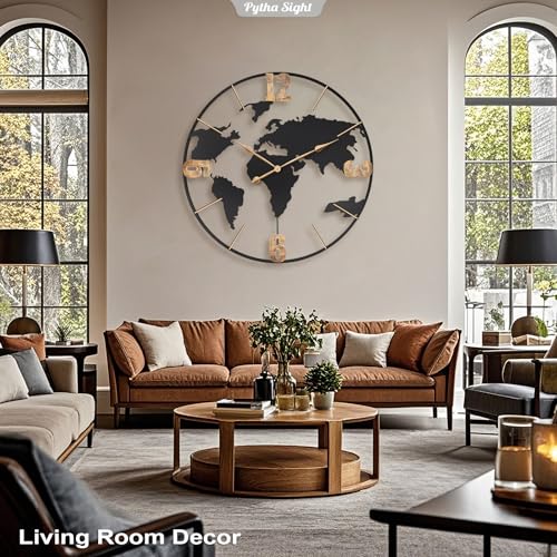 Pytha Sight 36 Inch Large Extra Metal Oversized Arabic World Map Wall Clock - color: Gold Arabic, size: 36 inch