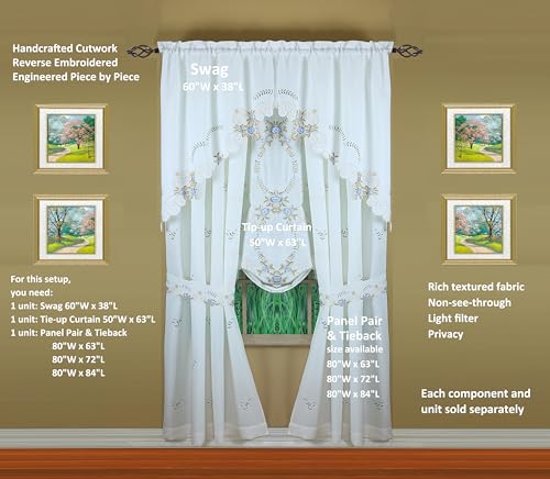 Today's Curtain Verona Reverse Embroidery Panel Pair and Tiebacks, 63", White/Blue, 80" W X 63" L - color: White/Blue, size: 80"W x 63"L (Pack of 1)