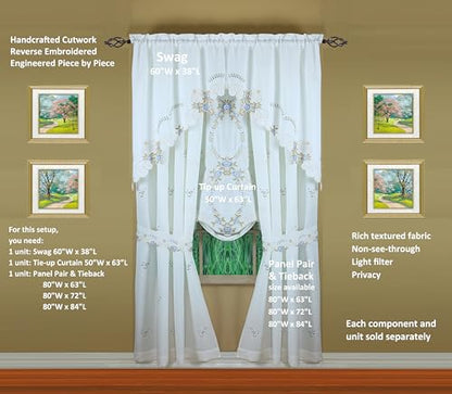 Today's Curtain Verona Reverse Embroidery Panel Pair and Tiebacks, 63", White/Blue, 80" W X 63" L - color: White/Blue, size: 80"W x 63"L (Pack of 1)