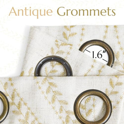 jinchan Boho Linen Curtains 63 Inch Gold on Beige Grommet 2 Panels - color: Vine Gold, size: 50"W x 96"L (Pack of 2)