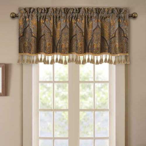 Loom and Mill Antique Damask Valances for Windows, Bronze Gold, 54"x18" - color: Cambridge-grey+gold