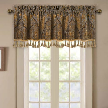 Loom and Mill Antique Damask Valances for Windows, Bronze Gold, 54"x18" - color: Cambridge-grey+gold