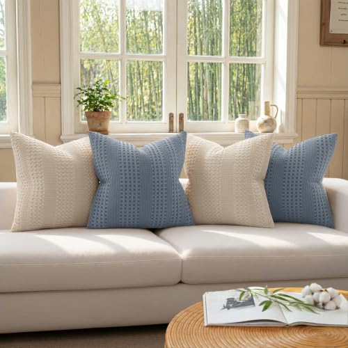 a moment 2 Pack Bamboo Fiber Pillow Covers - Waffle Weave, Ultra Soft & Breathable, Skin-Friendly Cotton Throw Pillow for Couch, Sofa, Bedroom Living Room 12x20 Inch Blue - color: Blue, size: 20" x 12" (Pack of 2)