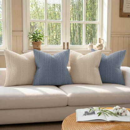 a moment 2 Pack Bamboo Fiber Pillow Covers - Waffle Weave, Ultra Soft & Breathable, Skin-Friendly Cotton Throw Pillow for Couch, Sofa, Bedroom Living Room 20x20 Inch Blue - color: Blue, size: 20" x 20" (Pack of 2)