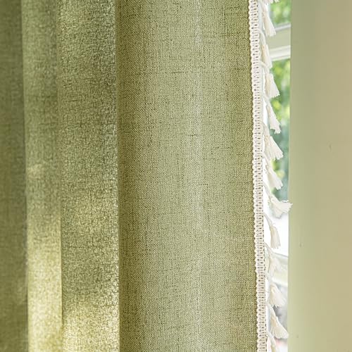 Sutuo Home Boho Curtains for Living Room 96 Inches Long, Bohemian Linen Textured Curtains with Tassels, Semi Blackout Farmhouse Drapes, Rod Pocket Window Treatments 2 Panels, 52" x 96", Olive Green - color: Olive Green Linen, size: 52"W x 96"L (Pack of 2)