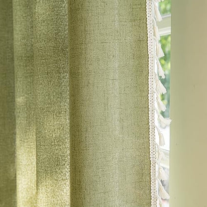 Sutuo Home Boho Curtains for Living Room 96 Inches Long, Bohemian Linen Textured Curtains with Tassels, Semi Blackout Farmhouse Drapes, Rod Pocket Window Treatments 2 Panels, 52" x 96", Olive Green - color: Olive Green Linen, size: 52"W x 96"L (Pack of 2)