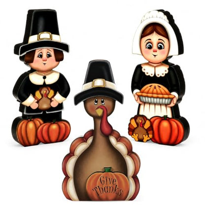 GlikCeil 3 Pcs Thanksgiving Table Decorations Wooden Pilgrim Turkey Sign - style: Thanksgiving Day