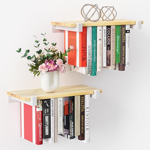 NANATI 2 Set of Floating Bookshelf with White Shelf Brackets, Pine Wood Invisible Bookshelf, Hanging Bookshelves for Wall, Unique Space Saving Wall Bookcase, White(16.5L×8.7W×1.5H) - size: 2 Set Pine Wood (White)