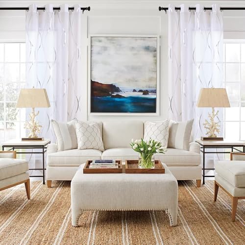 L.Z.E White and Silver Curtains for Living Room, See Through White Sheer Curtains 84 Inches Long 2 Panels Set, Grommet Transparent Window Drapes with Elegant Wave Patterns - color: (Grommet) Silver Waves, size: 54"W x 84"L (Pack of 2)