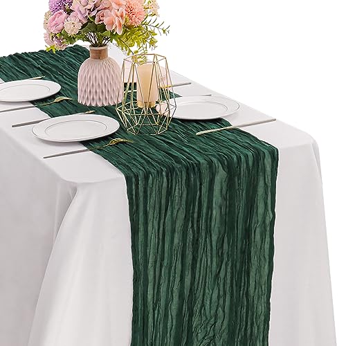 Dark Green 10FT Cheesecloth Table Runner Boho Gauze Fabric Table Runner Rustic Sheer Runner for Wedding Bridal Baby Shower Birthday Party Boho Table Decor（1 Pack Dark Green） - color: Dark Green, size: 35" x 120"-1 Pack