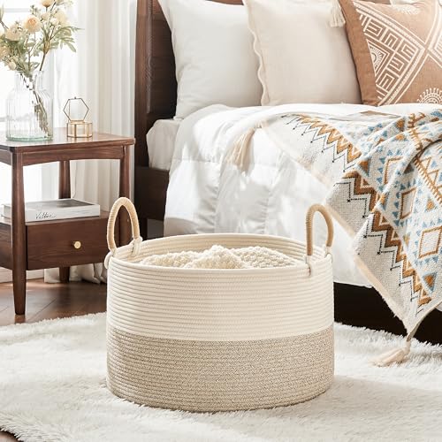 KAKAMAY Large Blanket Basket with Handles, Storage Basket for Living Room - color: Beige Mix