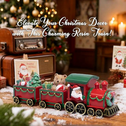 Hodao Christmas Train Decorations – Hand-Painted Resin Santa Claus Gift Train with Teddy Bear, Christmas Tree and Presents, Festive Ornament for Home, Tabletop, Shelf, Mantel, Décor
